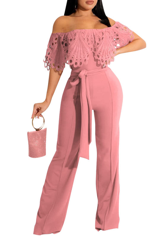 CutieLove Womens Sexy Off Shoulder Solid Jumpsuits Casual Wide Leg Long Pants One Piece Jumpsuits with Belt