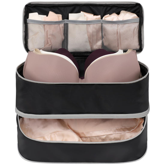 Cambond Travel Underwear Organizer Bag - 4-in-1 Lightweight Double Layer Bra Travel Bag Organizer Portable Expandable Compression Travel Packing Organizers Underwear Storage Bag Packing Cubes Black