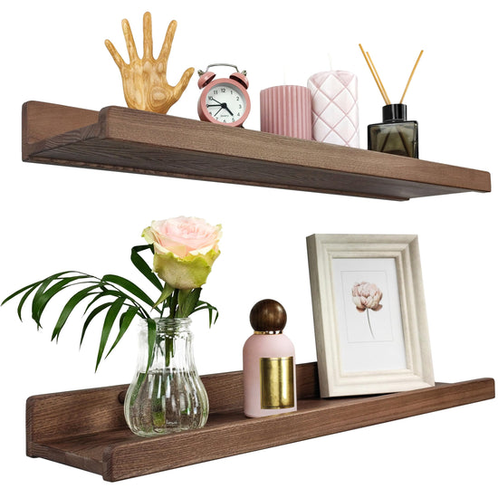 Handcrafted Floating Shelves for Wall 24 inch Waterproof Wall Storage Shelves with Lip Display Picture Ledge Shelf for Photo Frame Natural Wood Hanging Book Shelves (American Walnut Set 2)