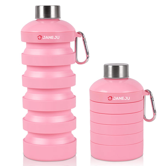 JaneJu Collapsible Water Bottle 32oz BPA Free Silicone Reusable Portable Lightweight Foldable Water Bottles with Carabiner Leak Proof Sports Water Bottle with Stainless Twist Cap (Pink)