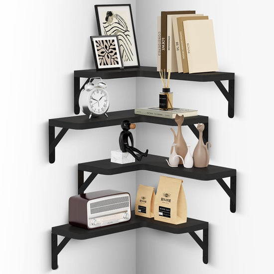 Muzilife Corner Floating Shelves Wooden Floating Shelve Set of 4 Wall Mounted for Storage L-Shaped Shelves for Wall Decor Wall Organizer for Bedroom Bathroom Kitchen Living Room and Office Black