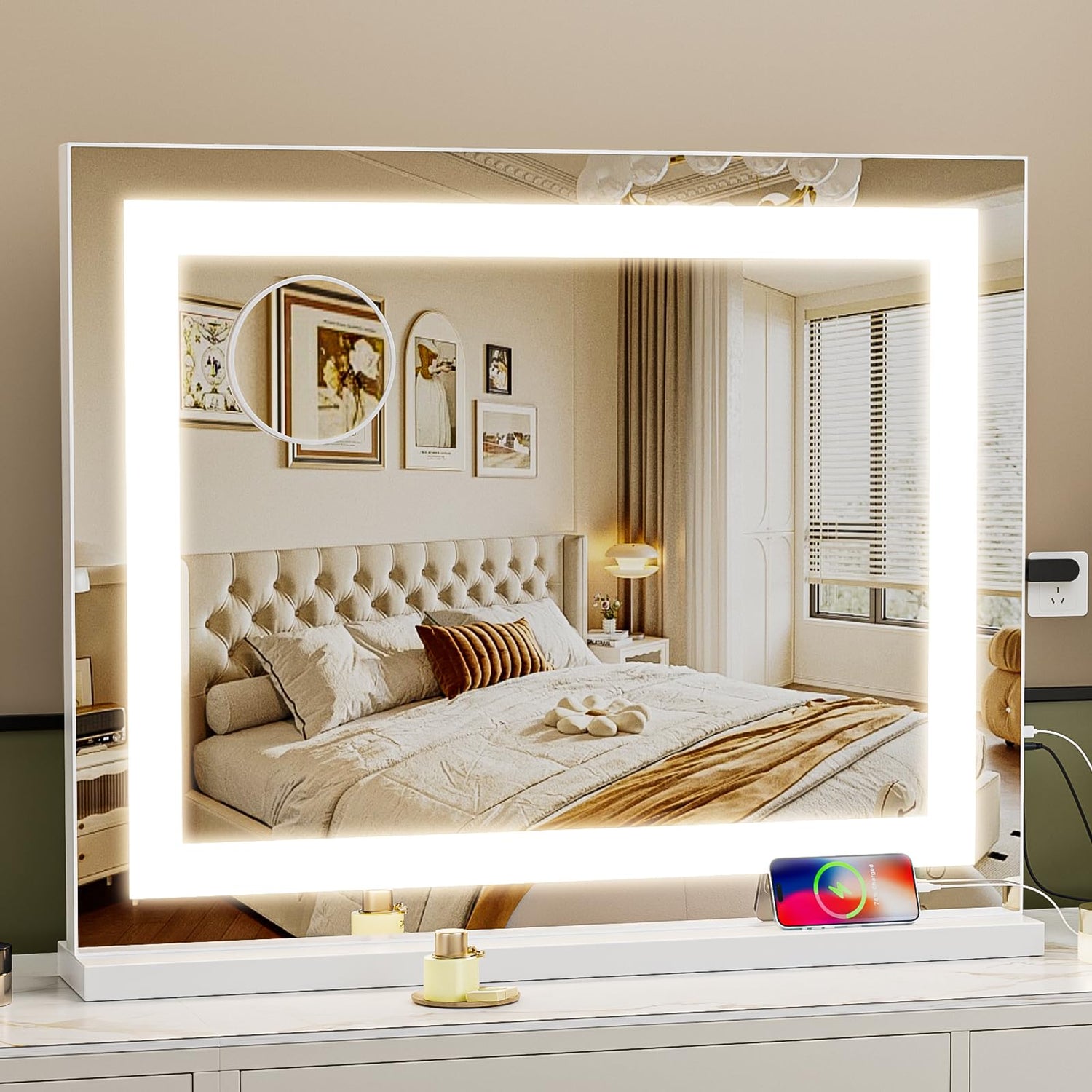 Fenair Vanity Mirror with Lights 22.8’ * 18.1’ LED Makeup Mirror Light Strip Dimmable 3 Color Modes Light up Mirror with USB Charging Port 10X Magnification and Smart Touch White